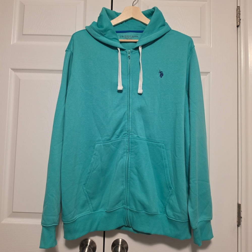 U.S. Polo Assn Full Zip Hoodie Logo Teal Green Size 2XL